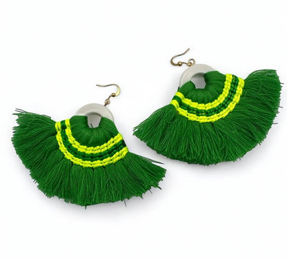 Green Bohemian Thread Tassels Earrings – Handcrafted Statement Summer Festival Jewellery