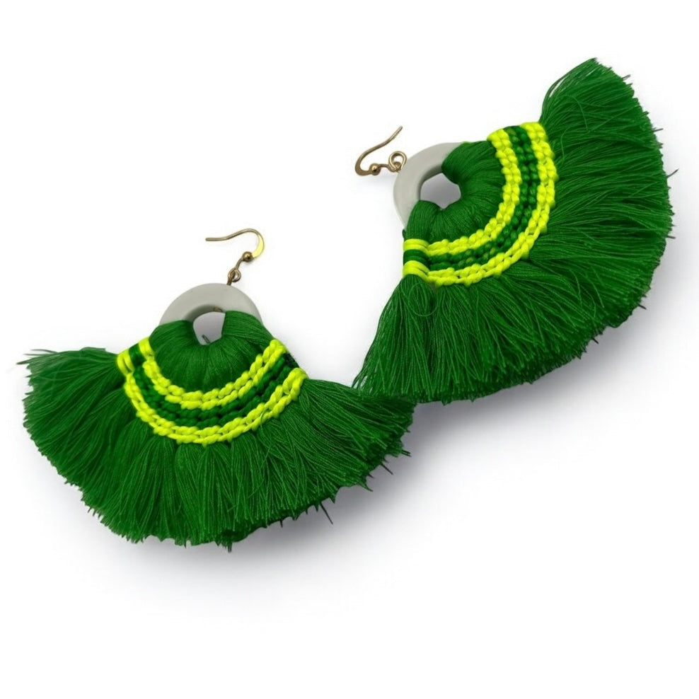 Green Bohemian Thread Tassels Earrings – Handcrafted Statement Summer Festival Jewellery