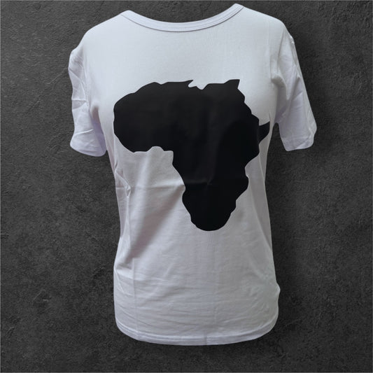 Women's African Map T-Shirt – White Tee with Bold Black Africa Print (S & M Available) - Fatisha Boutique #
