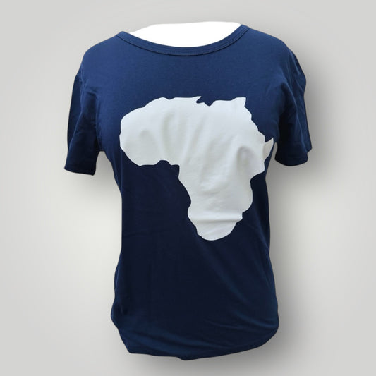 Women's Blue African Map T-Shirt – Bold White Africa Print – Sizes Small & Large Available - Fatisha Boutique #