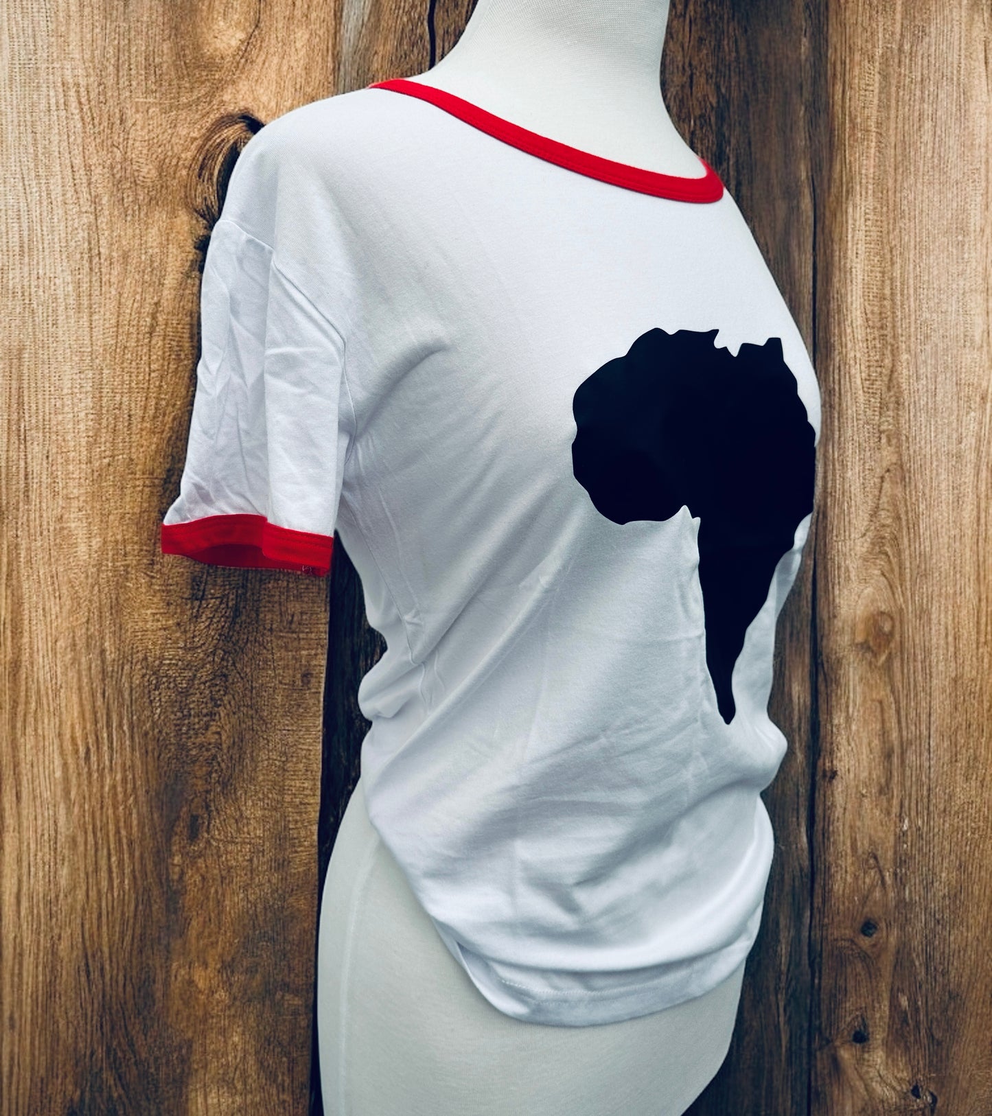 Women’s African Map T-Shirt – White Tee with Red Trim & Bold Black Print (S & M Sizes)