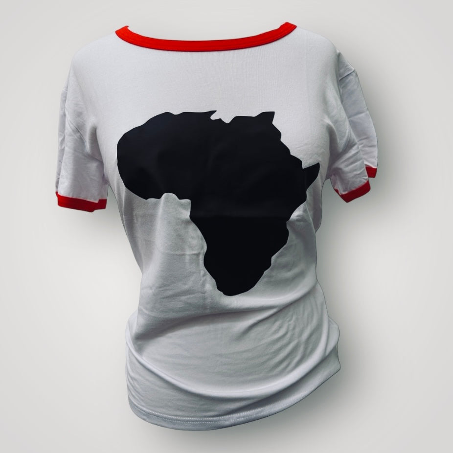 Women’s African Map T-Shirt – White Tee with Red Trim & Bold Black Print (S & M Sizes)