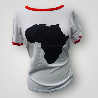 Women’s African Map T-Shirt – White Tee with Red Trim & Bold Black Print (S & M Sizes)