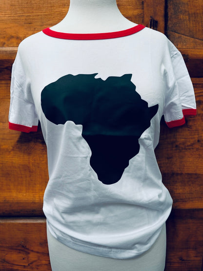 Women’s African Map T-Shirt – White Tee with Red Trim & Bold Black Print (S & M Sizes)