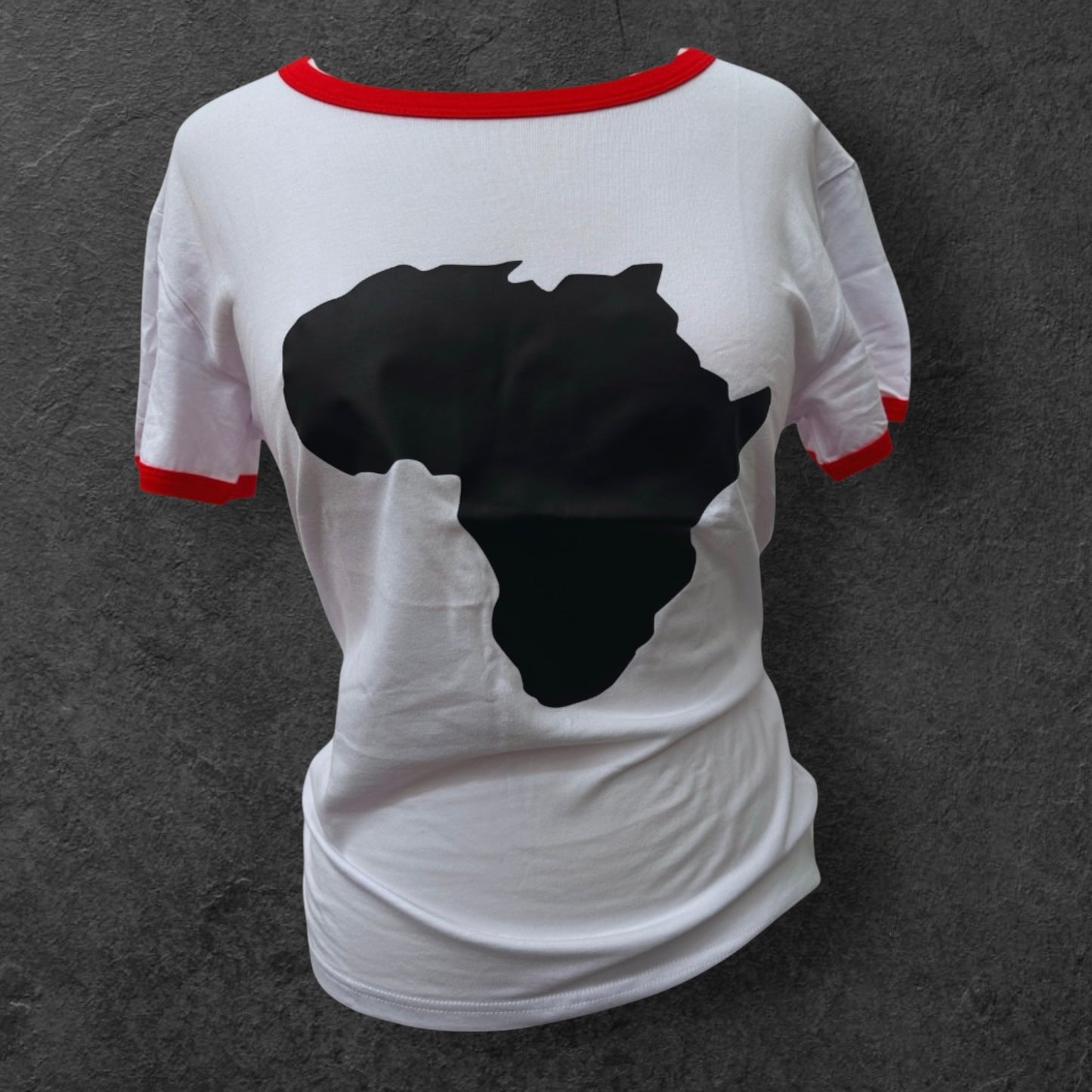 Women’s African Map T-Shirt – White Tee with Red Trim & Bold Black Print (S & M Sizes)