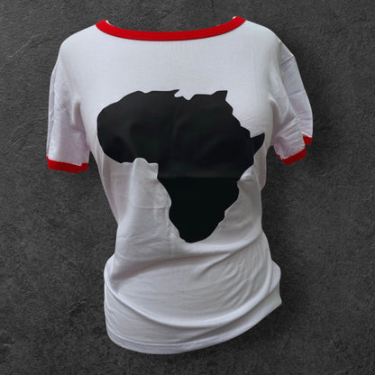 Women’s African Map T-Shirt – White Tee with Red Trim & Bold Black Print (S & M Sizes)