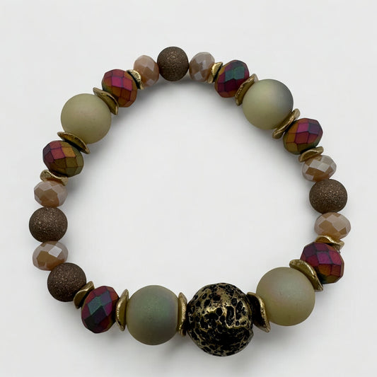 Artisan Beaded Stretch Bracelet – Earth Tone Boho Jewelry with Matte, Metallic & Crystal Beads - Fatisha Boutique #