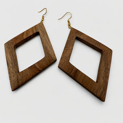 Geometric Wooden Square Dangle Earrings – Handmade Lightweight Boho Jewellery for Women UK - Fatisha Boutique #