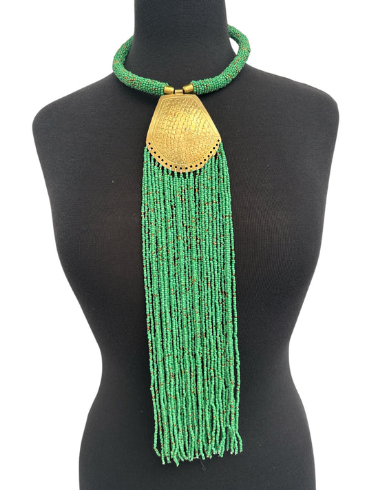 African Brass Pendant Necklace – Long Green Beaded Fringe Tribal Statement Jewellery - Fatisha Boutique #
