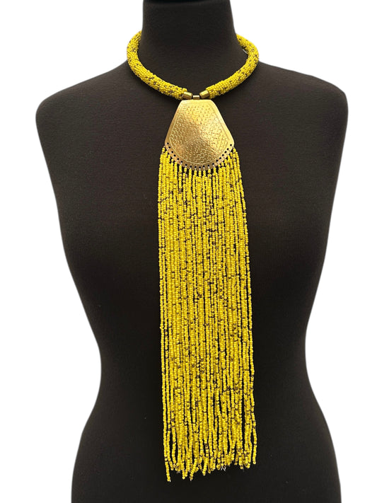 African Brass Pendant Necklace – Long Yellow Beaded Fringe Ethnic Statement Jewellery - Fatisha Boutique #