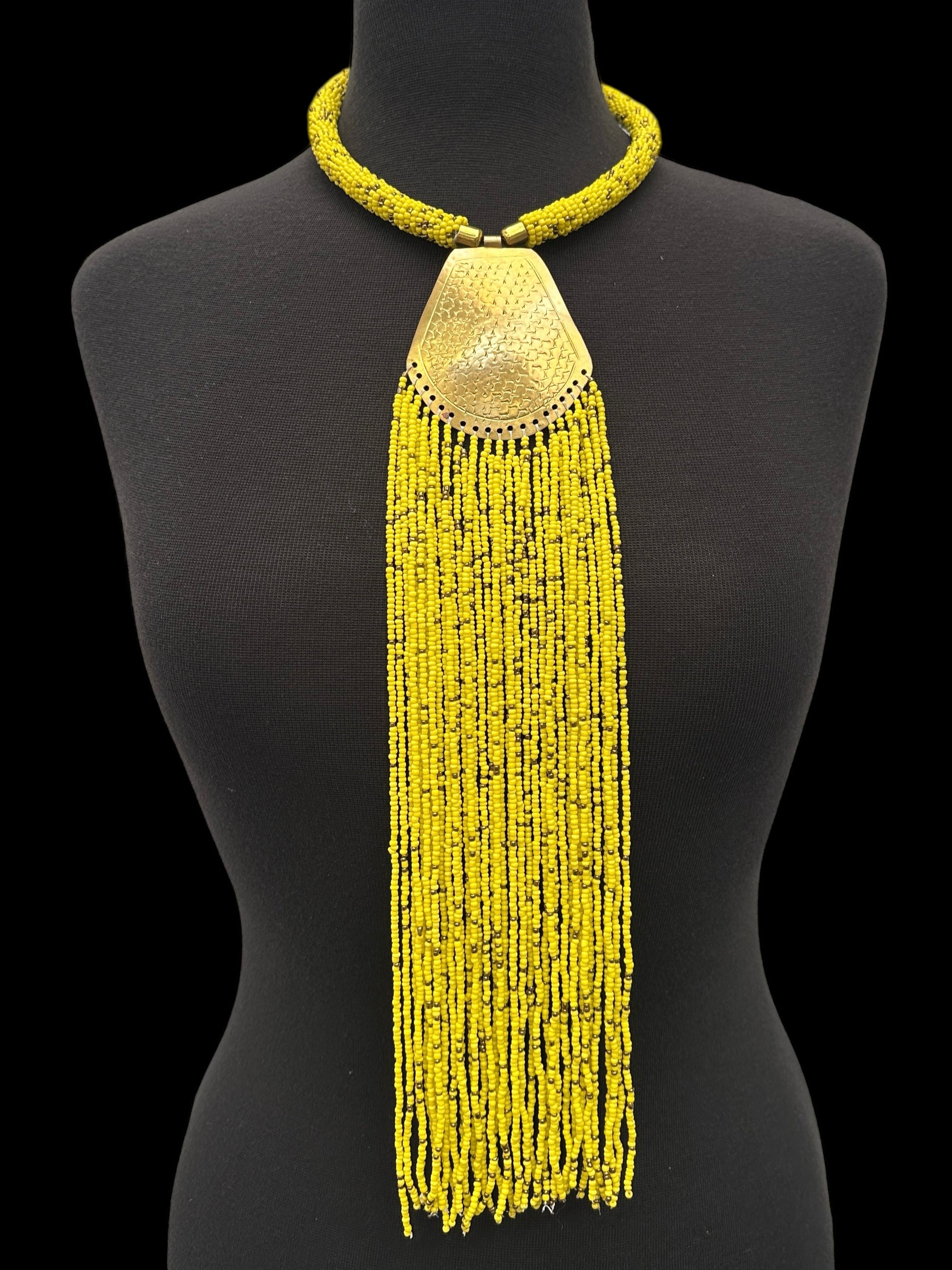 African Brass Pendant Necklace – Long Yellow Beaded Fringe Ethnic Statement Jewellery - Fatisha Boutique #