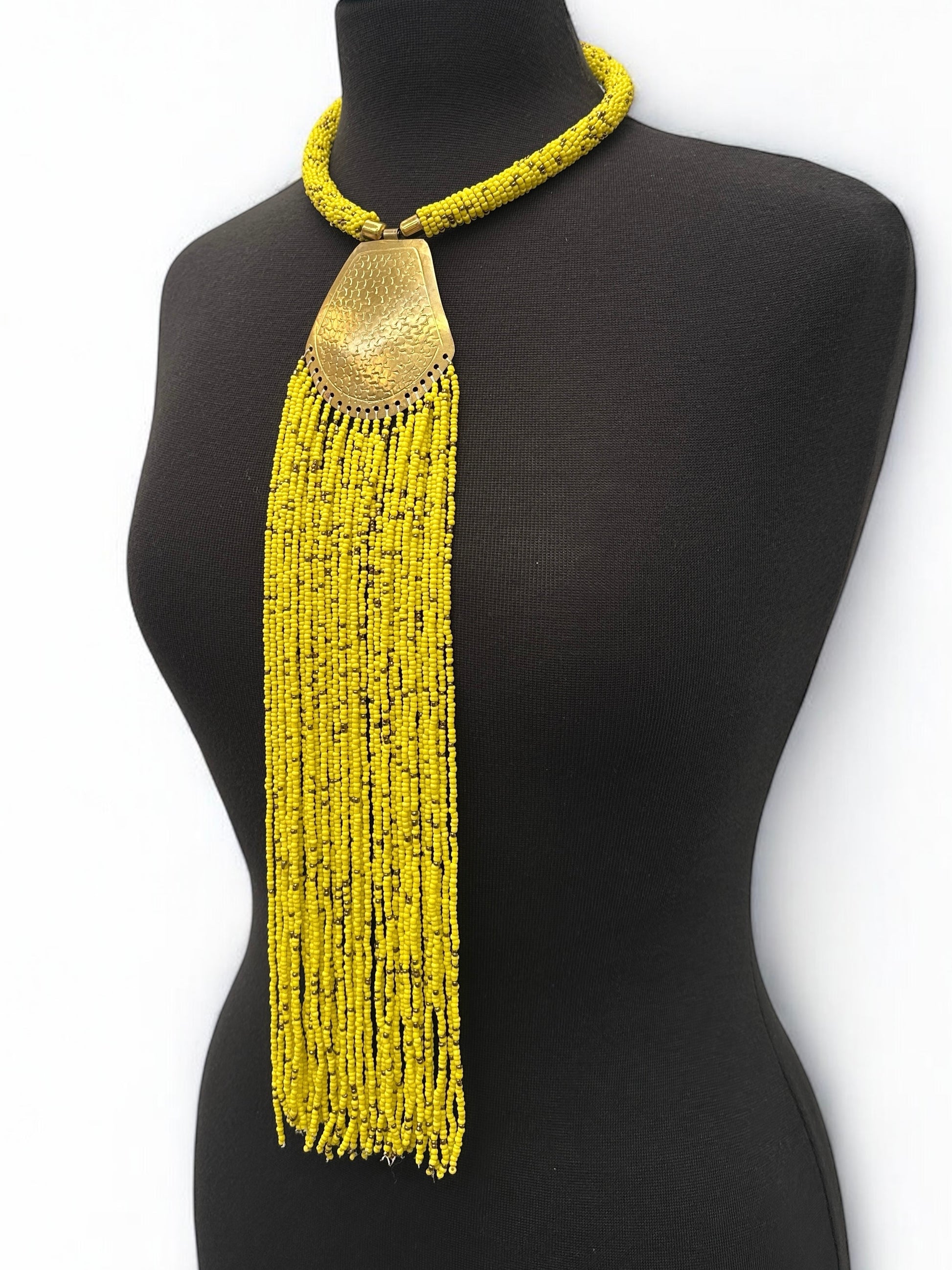 African Brass Pendant Necklace – Long Yellow Beaded Fringe Ethnic Statement Jewellery - Fatisha Boutique #