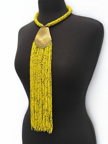 African Brass Pendant Necklace – Long Yellow Beaded Fringe Ethnic Statement Jewellery - Fatisha Boutique #