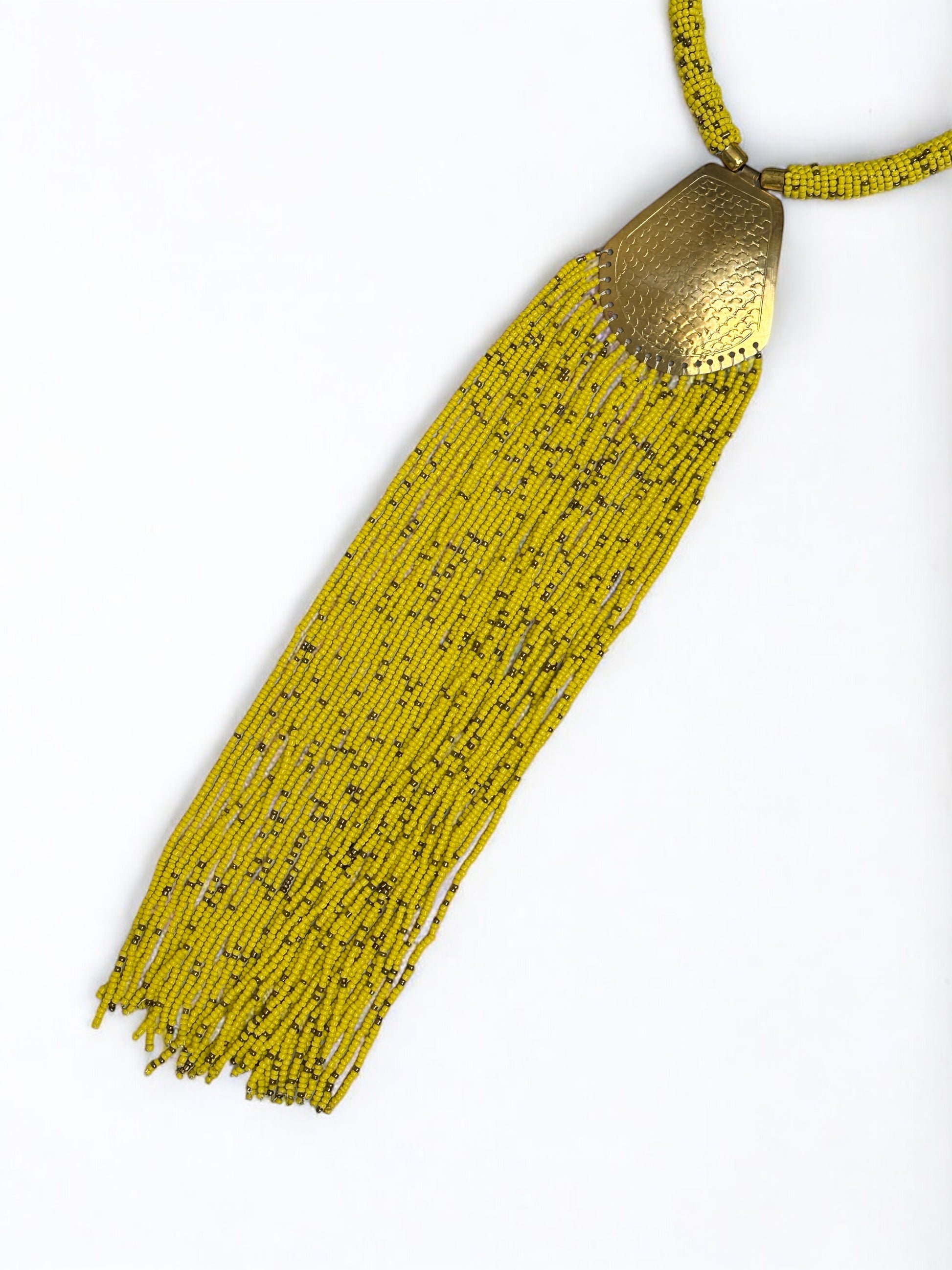 African Brass Pendant Necklace – Long Yellow Beaded Fringe Ethnic Statement Jewellery - Fatisha Boutique #