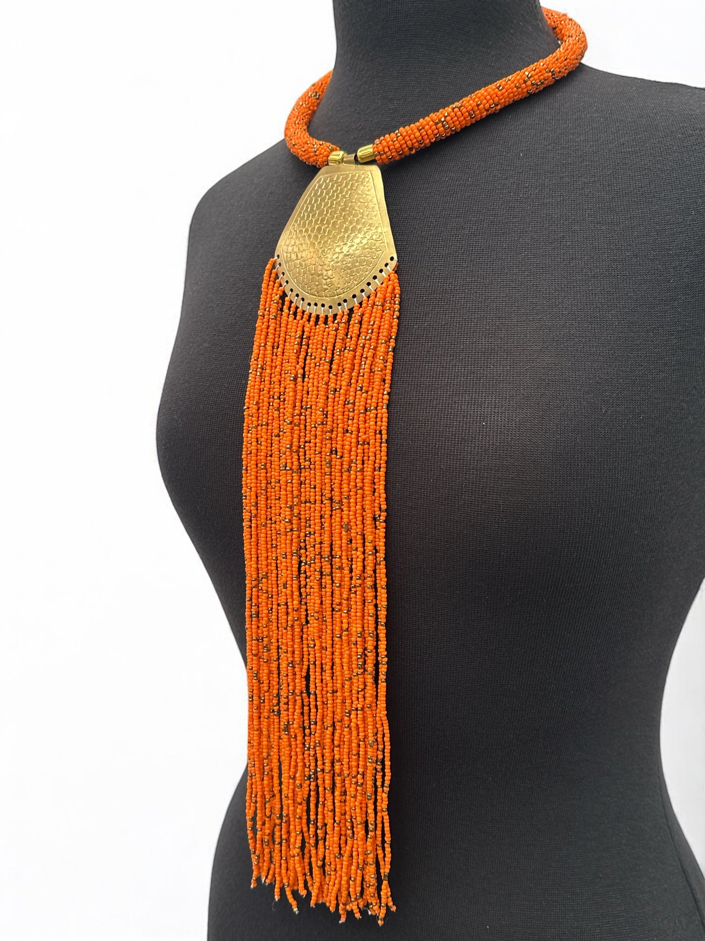 African Brass Pendant Necklace – Long Orange Beaded Fringe Tribal Statement Jewellery