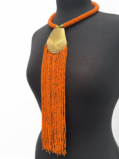 African Brass Pendant Necklace – Long Orange Beaded Fringe Tribal Statement Jewellery