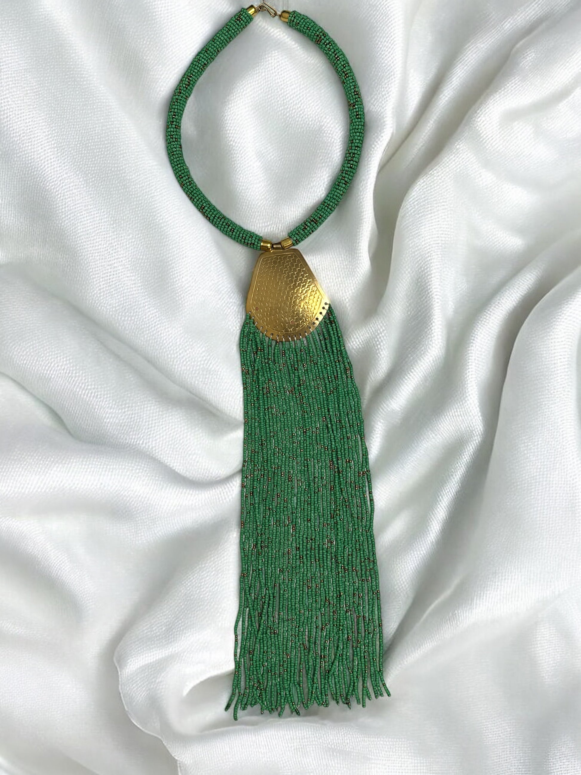 African Brass Pendant Necklace – Long Green Beaded Fringe Tribal Statement Jewellery - Fatisha Boutique #