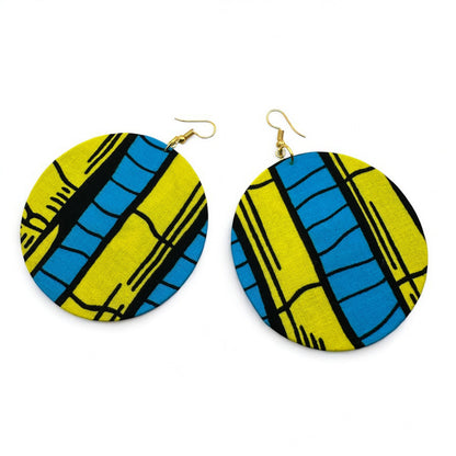 Yellow & Blue Ankara Earrings | Lightweight African Round Fabric Statement Jewellery - Fatisha Boutique #