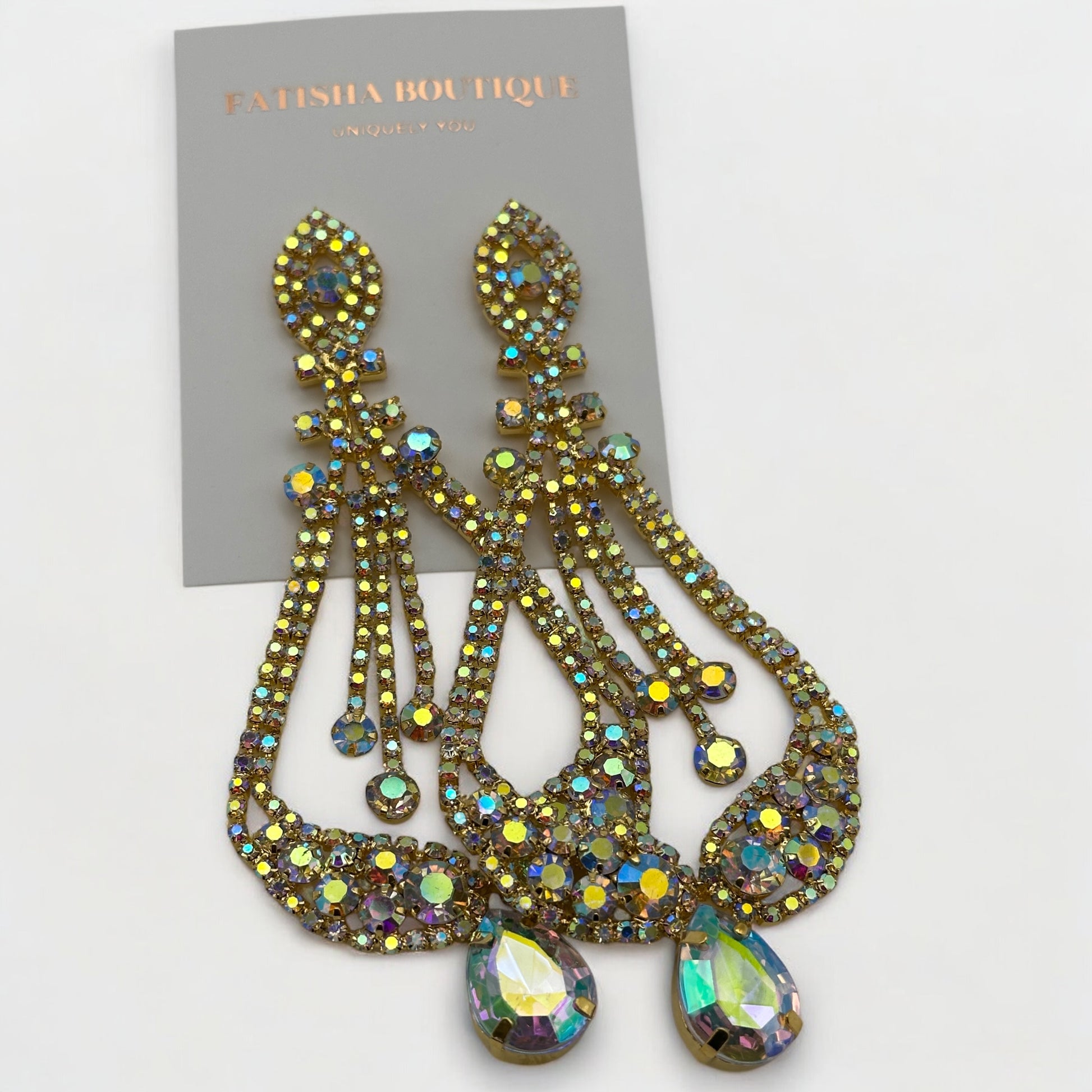 AB Colour Diamante Rhinestone Earrings – Elegant Dangle Studs for Special Occasions - Fatisha Boutique #