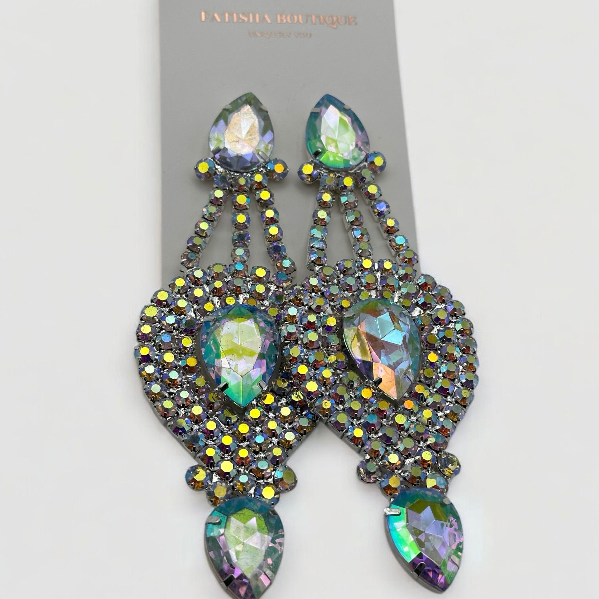 Long Elegant AB Colour Diamante Rhinestones Statement Dangle Earrings - Fatisha Boutique #