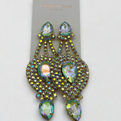 Long Elegant AB Colour Diamante Rhinestones Statement Dangle Earrings - Fatisha Boutique #