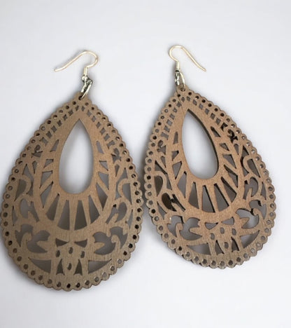 Laser-Cut Wooden Teardrop Earrings – Lightweight Boho Ethnic Style | 2 Colours - Fatisha Boutique #