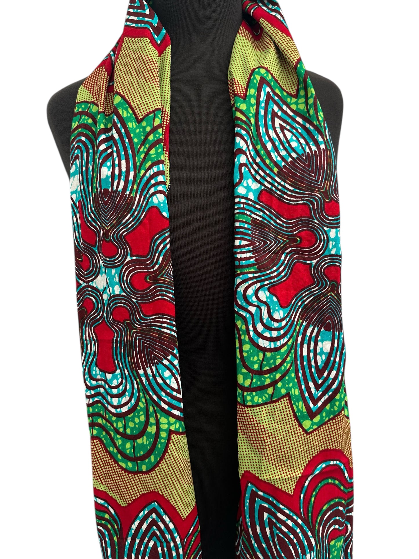 Green Red Swirl African Ankara Head Wrap – Tribal Wax Fabric Scarf for Hair & Styling