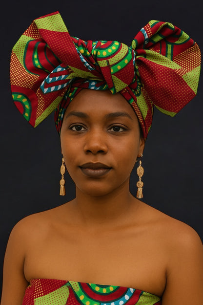 Green Red Swirl African Ankara Head Wrap – Tribal Wax Fabric Scarf for Hair & Styling