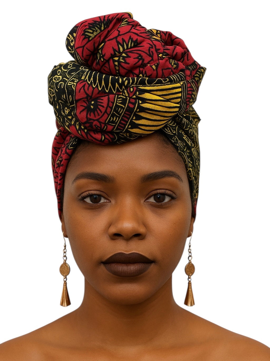 Bold Red & Black African Ankara Head Wrap – Gold Accents Tribal Wax Fabric for Hair