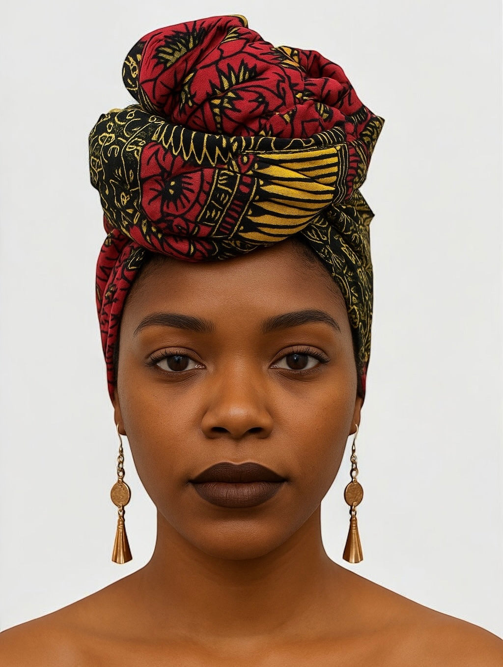 Bold Red & Black African Ankara Head Wrap – Gold Accents Tribal Wax Fabric for Hair