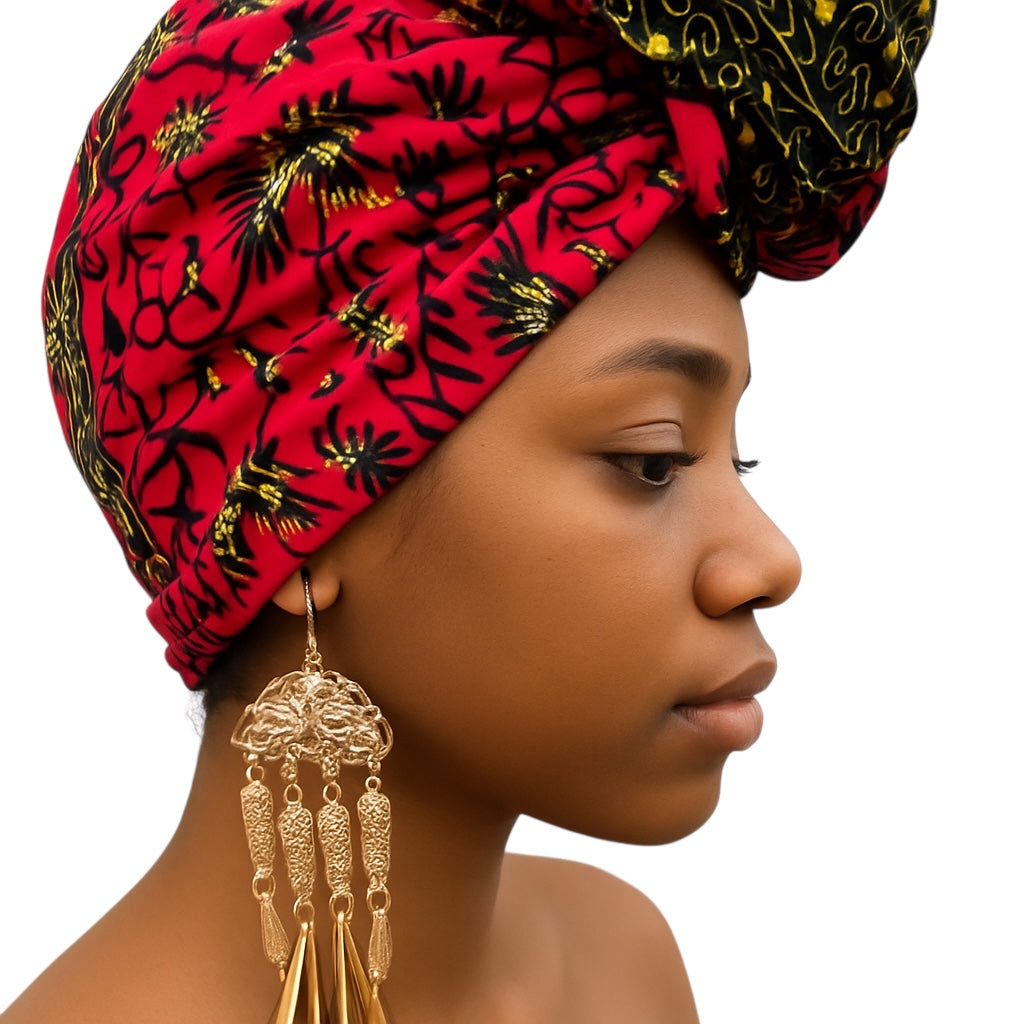 Bold Red & Black African Ankara Head Wrap – Gold Accents Tribal Wax Fabric for Hair
