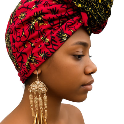 Bold Red & Black African Ankara Head Wrap – Gold Accents Tribal Wax Fabric for Hair