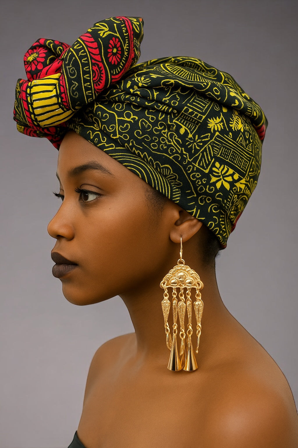 Bold Red & Black African Ankara Head Wrap – Gold Accents Tribal Wax Fabric for Hair