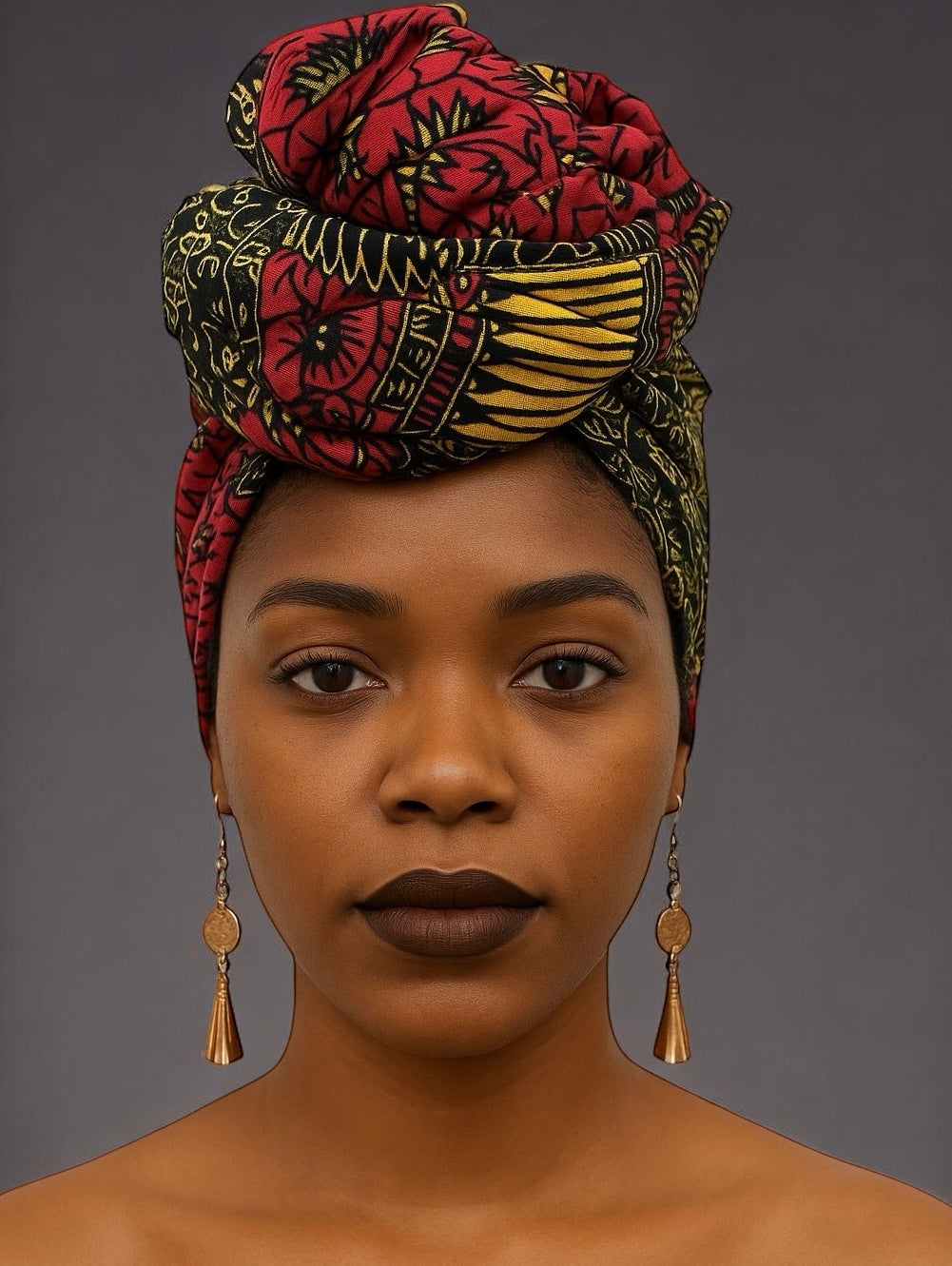 Bold Red & Black African Ankara Head Wrap – Gold Accents Tribal Wax Fabric for Hair