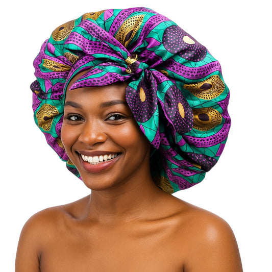 Ankara Print Satin Silk Bonnet Cap with Long Wide Tie – Stylish Single Layer Hair Wrap - Fatisha Boutique #