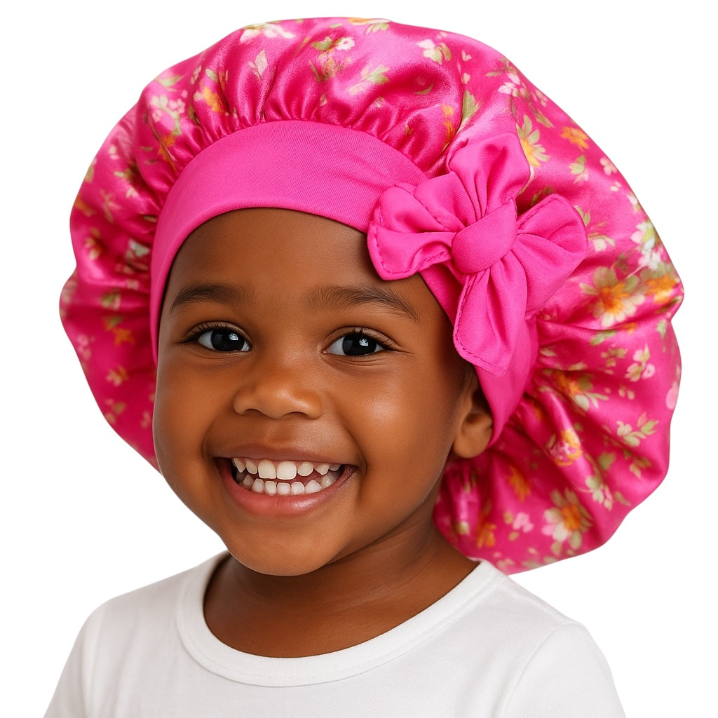 Kids Satin Silk Bonnet with Bow | Girls Floral Sleep Cap – Hair Protector for Curly & Straight Hair - Fatisha Boutique #