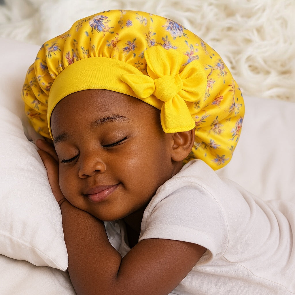 Kids Satin Silk Bonnet with Bow | Girls Floral Sleep Cap – Hair Protector for Curly & Straight Hair - Fatisha Boutique #