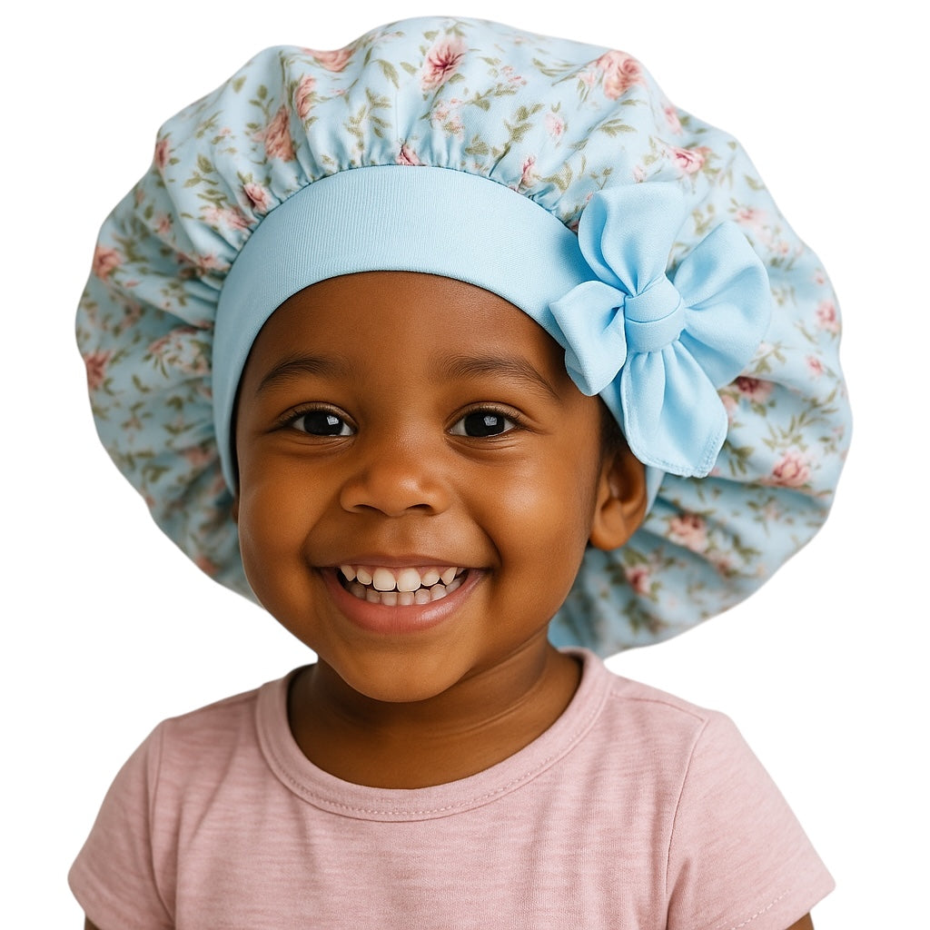 Kids Satin Silk Bonnet with Bow | Girls Floral Sleep Cap – Hair Protector for Curly & Straight Hair - Fatisha Boutique #