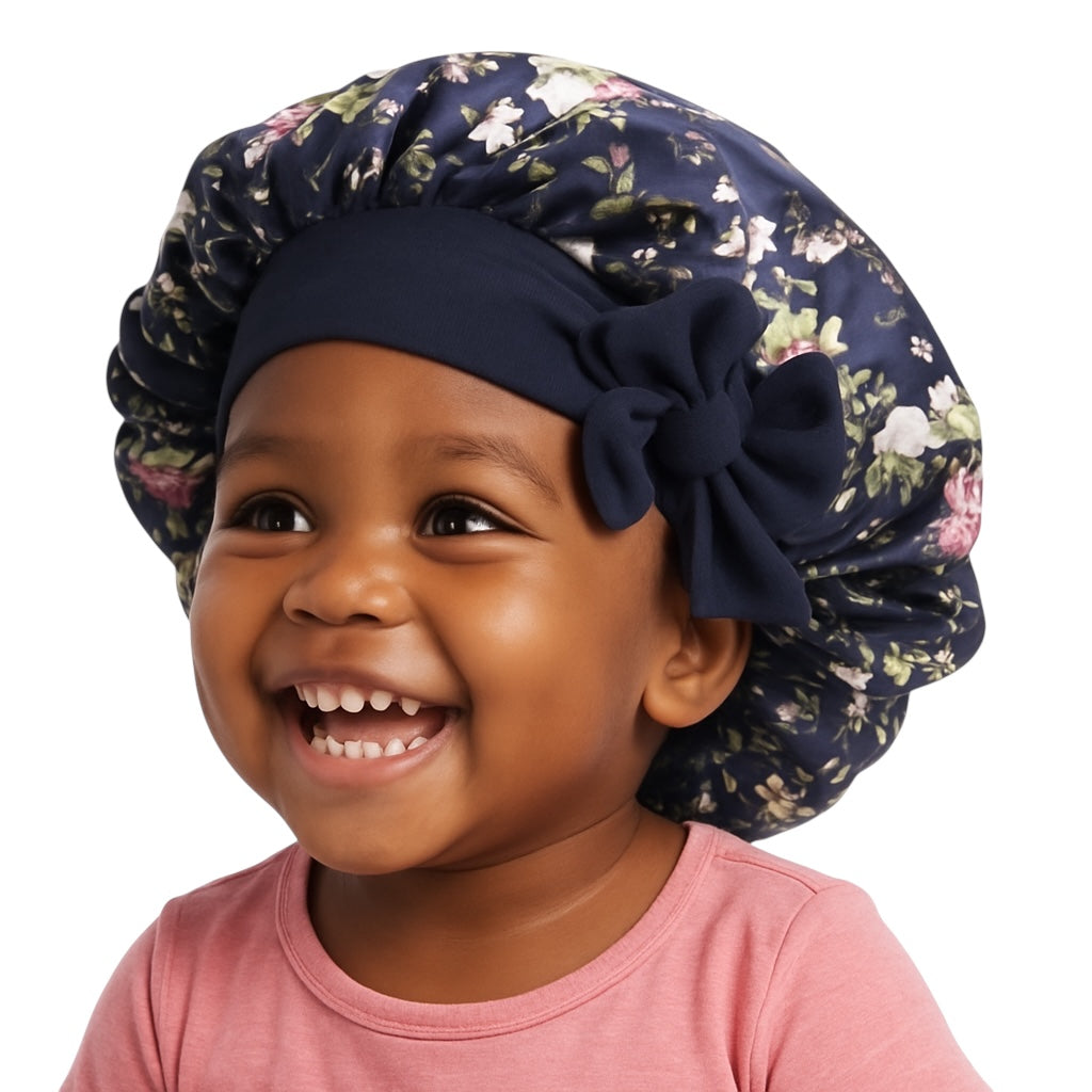 Kids Satin Silk Bonnet with Bow | Girls Floral Sleep Cap – Hair Protector for Curly & Straight Hair - Fatisha Boutique #