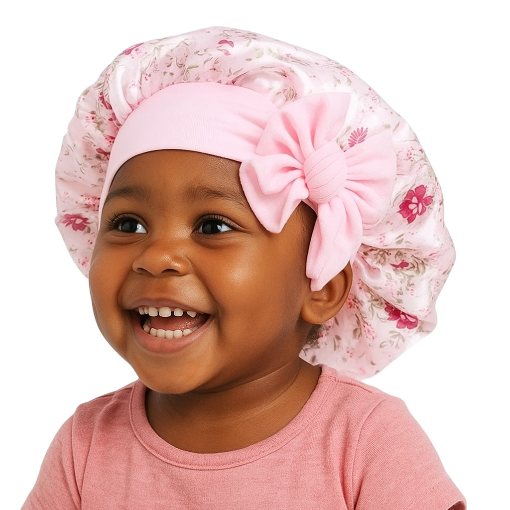 Kids Satin Silk Bonnet with Bow | Girls Floral Sleep Cap – Hair Protector for Curly & Straight Hair - Fatisha Boutique #