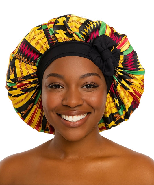 Ankara Print Satin Silk Bonnet Cap – Long Wide Tie | Single Layer | Hair Protection Night Cap - Fatisha Boutique #
