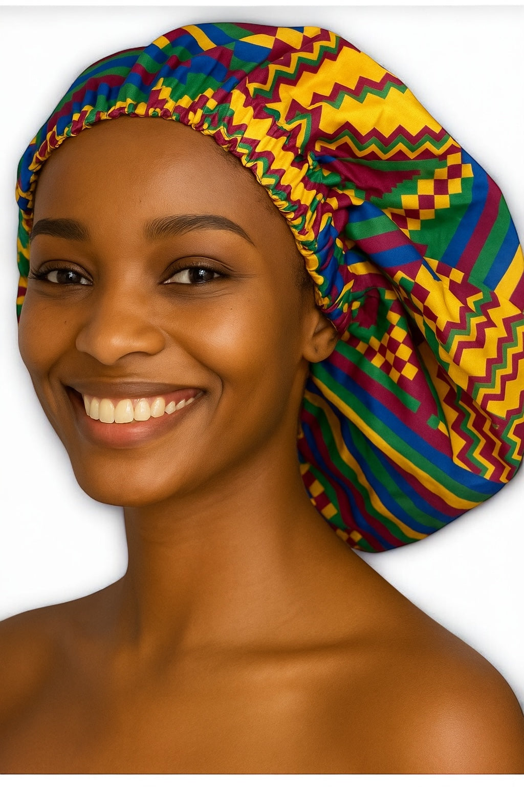 Bold African Print Satin Bonnet – Kente Pattern Sleep Cap for Natural Hair & Braids UK