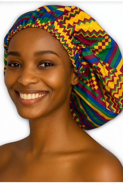 Bold African Print Satin Bonnet – Kente Pattern Sleep Cap for Natural Hair & Braids UK