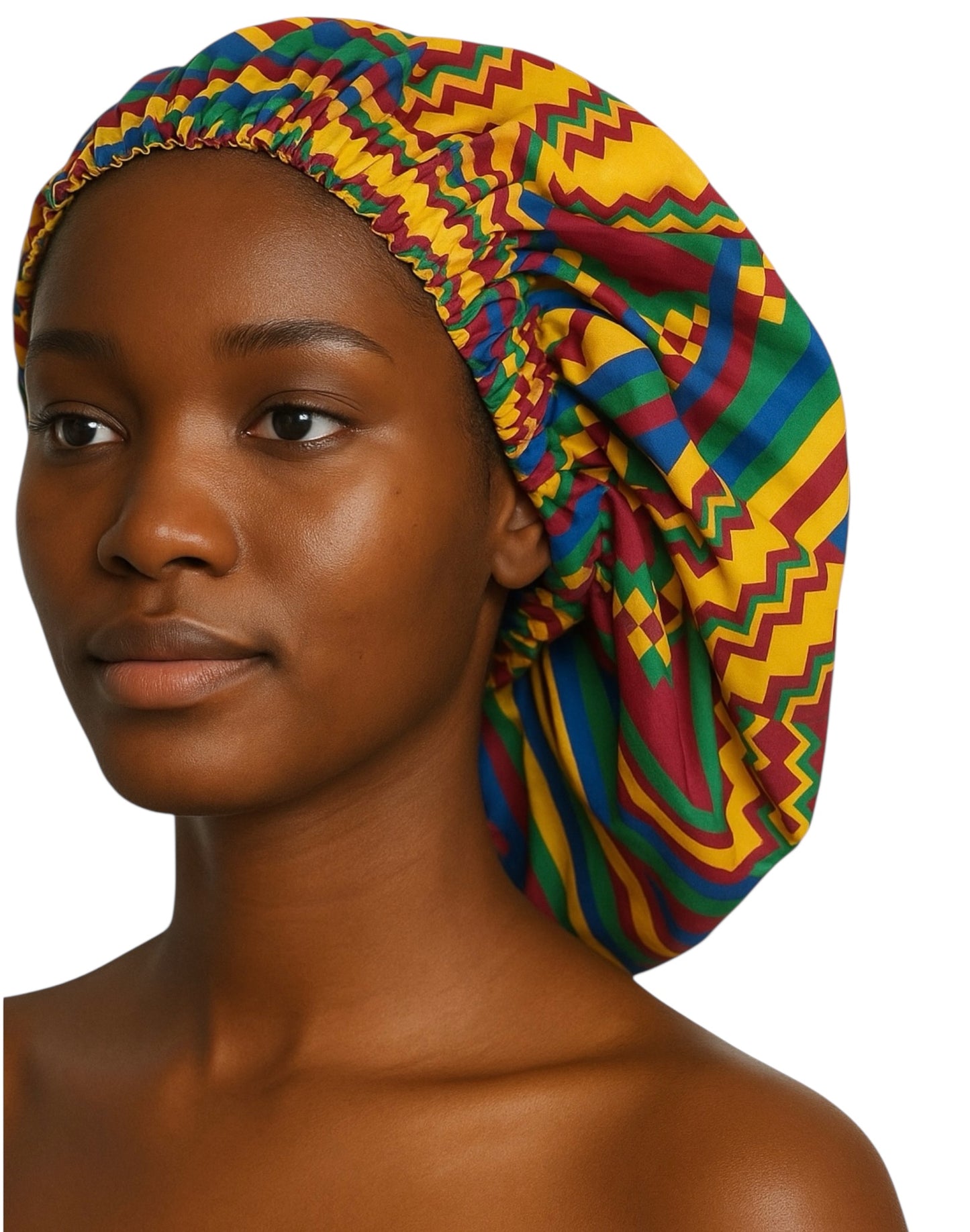 Bold African Print Satin Bonnet – Kente Pattern Sleep Cap for Natural Hair & Braids UK
