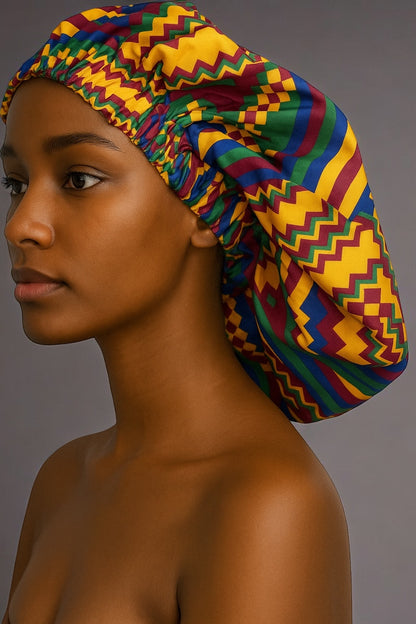 Bold African Print Satin Bonnet – Kente Pattern Sleep Cap for Natural Hair & Braids UK