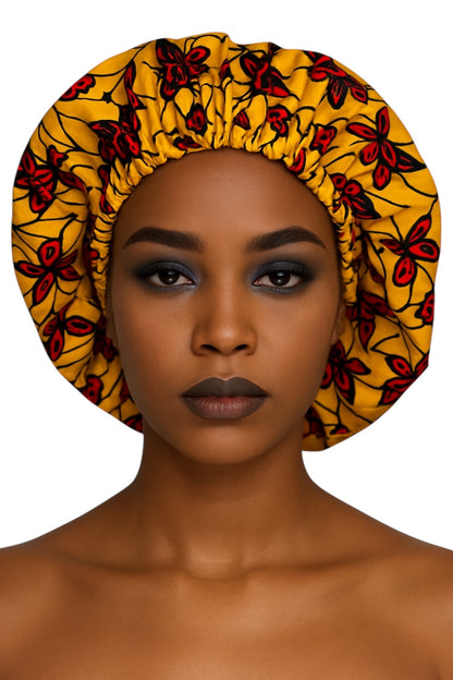 Bold Butterfly Print Satin Silk Bonnet – Yellow & Red Hair Wrap for Braids & Curls UK - Fatisha Boutique #