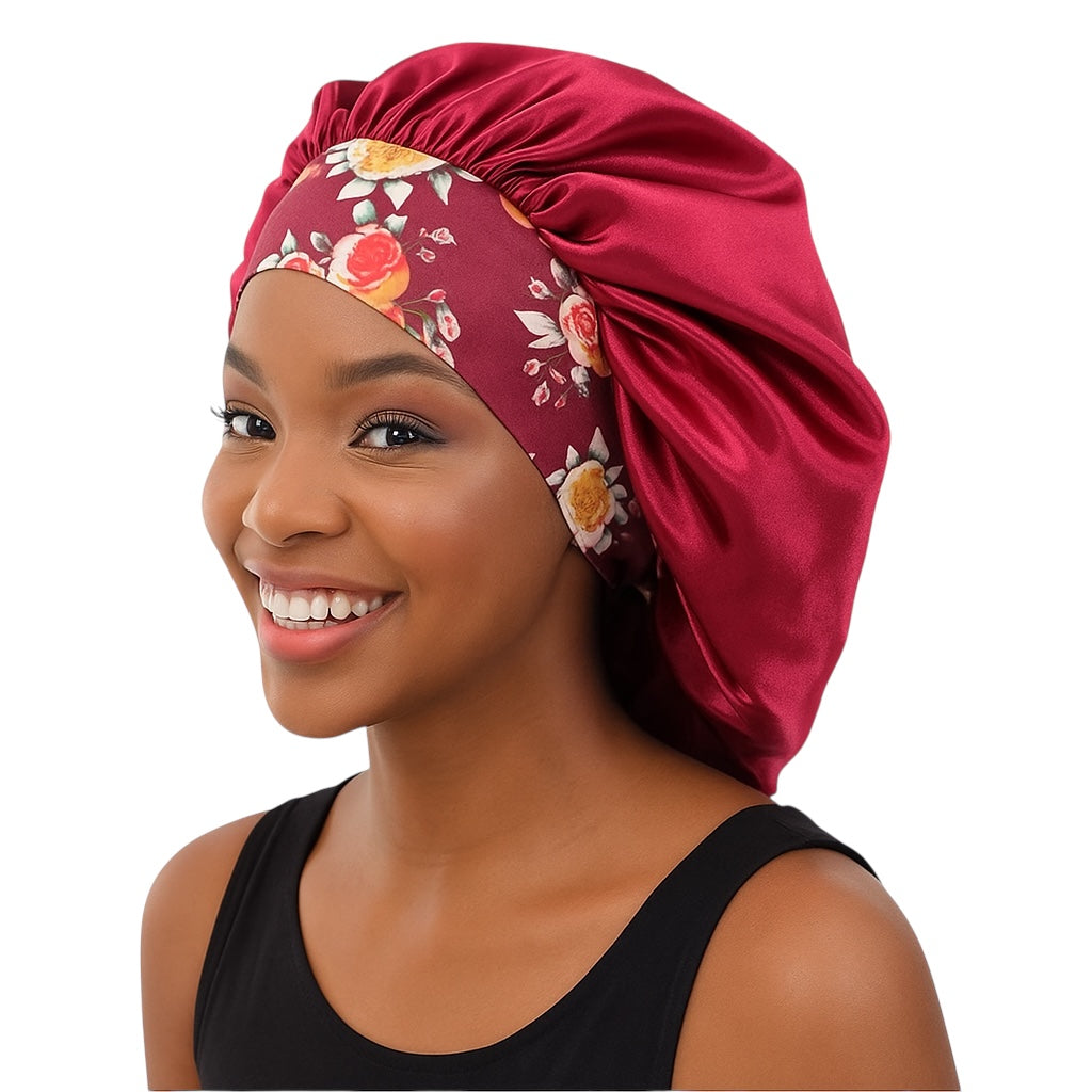 Single-Layer Satin Bonnet Cap – Wide Elastic Floral Band | Lightweight Sleep Cap UK - Fatisha Boutique #