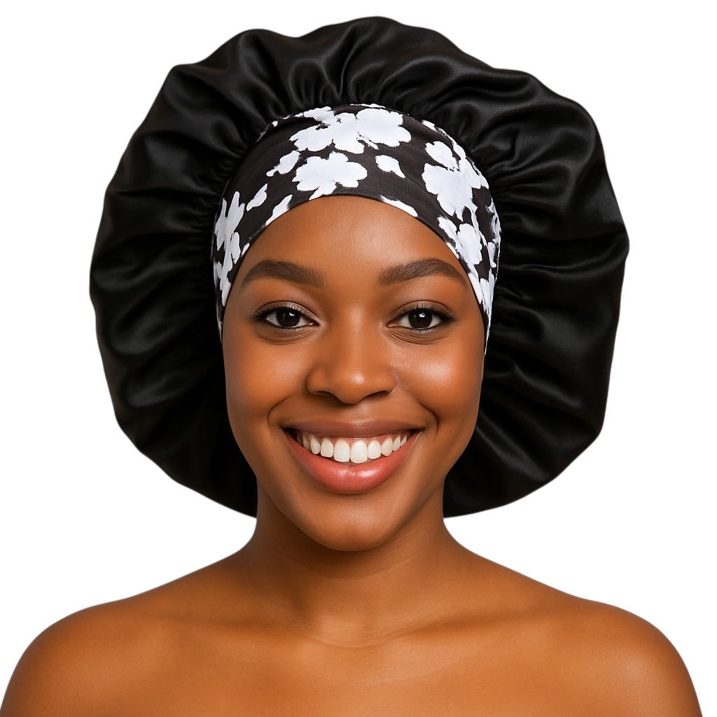 Single-Layer Satin Bonnet Cap – Wide Elastic Floral Band | Lightweight Sleep Cap UK - Fatisha Boutique #