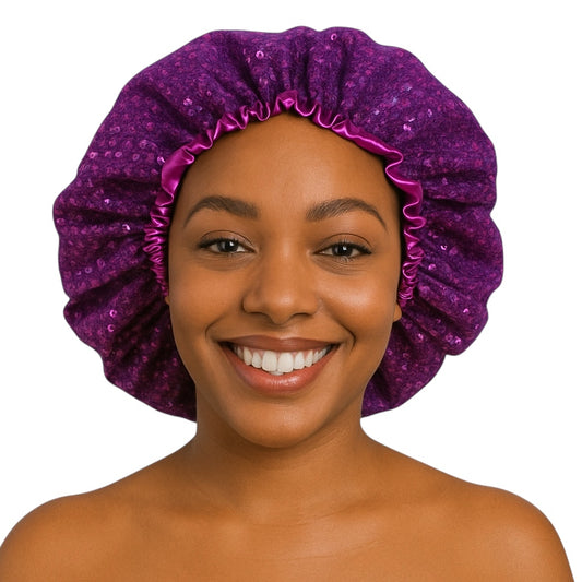 Luxury Sequinned Adjustable Satin Silk Bonnet – Double-Layered Sleep Cap for All Hair Types UK - Fatisha Boutique #