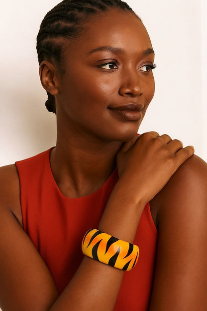 Bold Tiger Stripe Wooden Bangle – Chunky Hand-Painted Ethnic Bracelet - Fatisha Boutique #